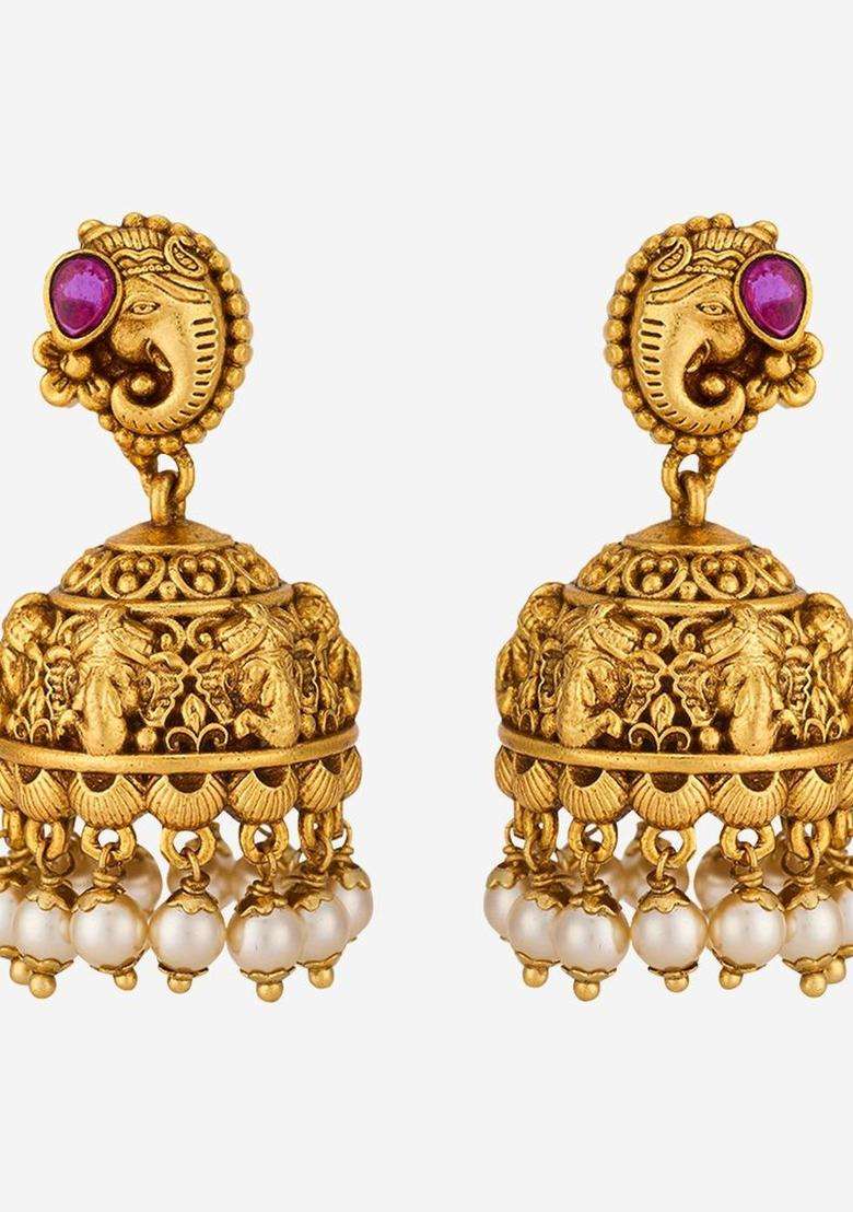 Circular Jhumkas Gold-Plated Ruby Ethnic Earrings for Women | Traditional Temple Jewellery for Wedding & Festive Wear | Gift for Her - Indya