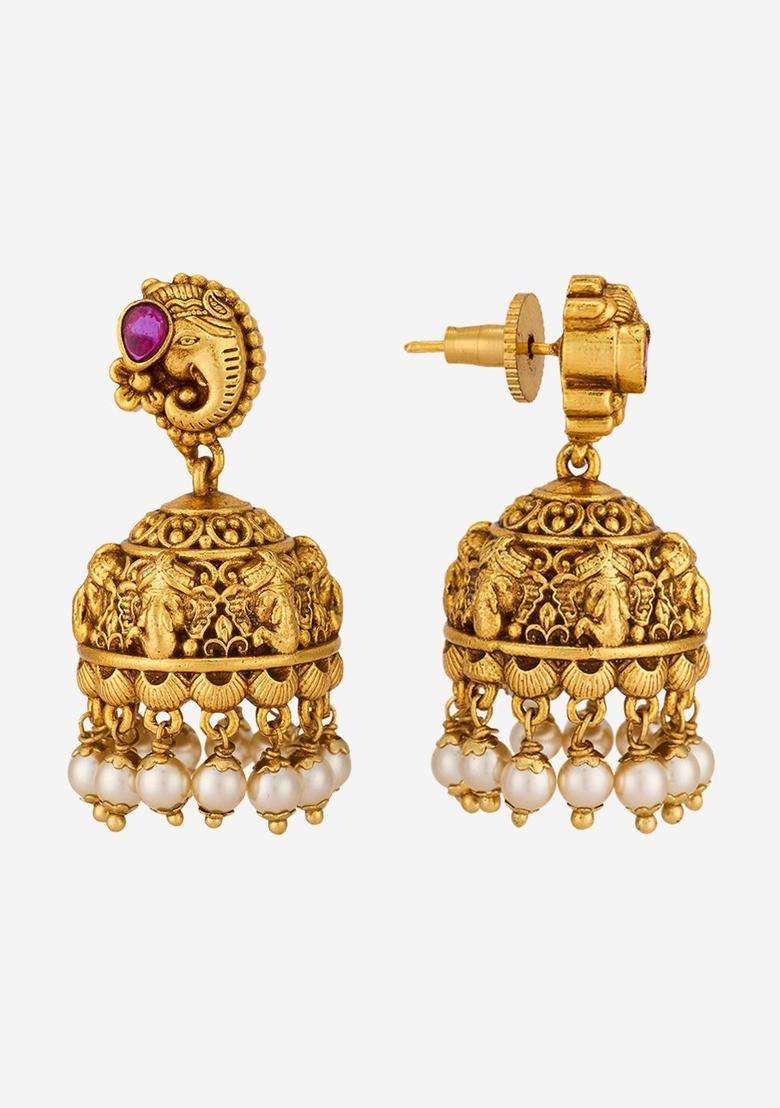Circular Jhumkas Gold-Plated Ruby Ethnic Earrings for Women | Traditional Temple Jewellery for Wedding & Festive Wear | Gift for Her - Indya