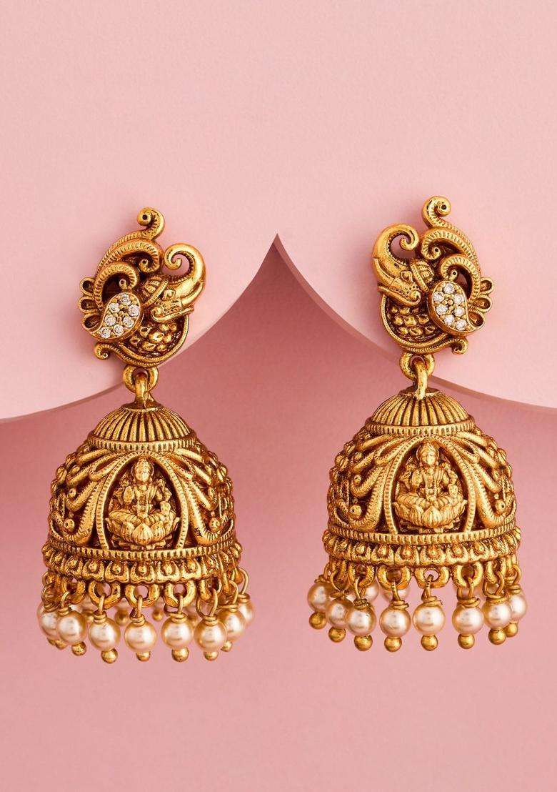 White Dome Shaped Jhumkas Gold-Plated Ethnic Earrings with CZ Stone for Women | Traditional Temple Jewellery for Wedding & Festive Wear | Gift for Her - Indya
