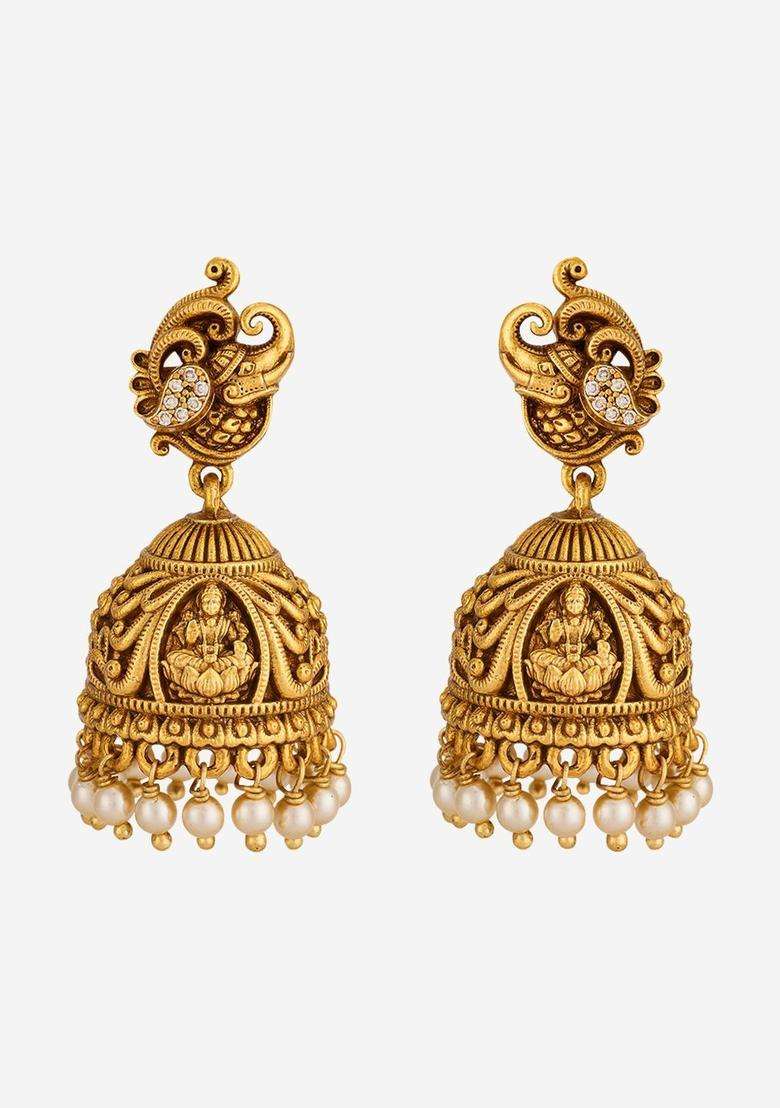 White Dome Shaped Jhumkas Gold-Plated Ethnic Earrings with CZ Stone for Women | Traditional Temple Jewellery for Wedding & Festive Wear | Gift for Her - Indya