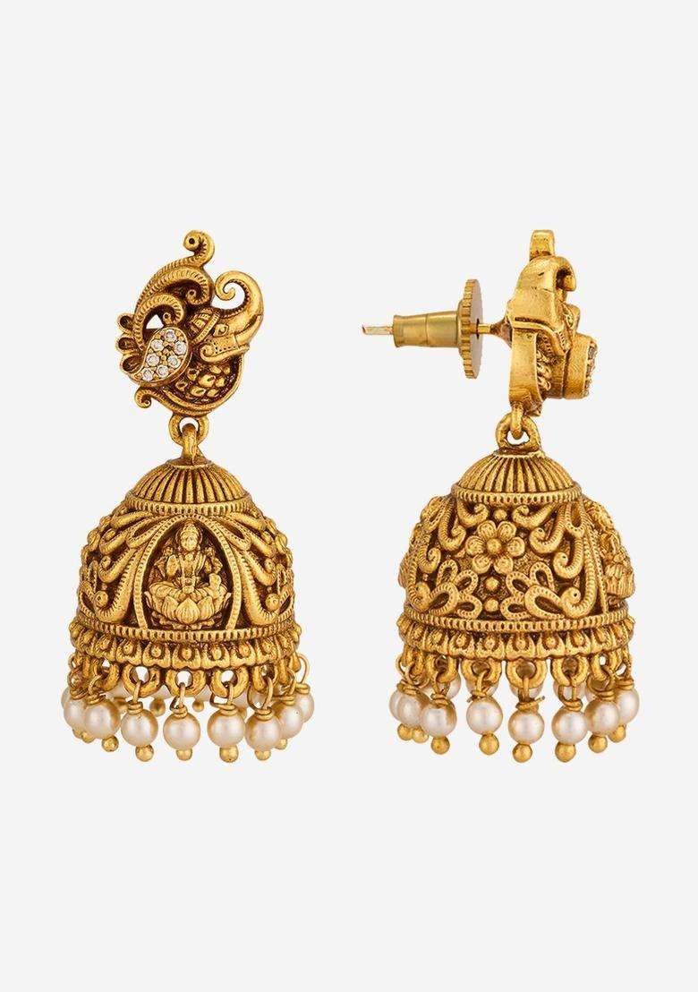 White Dome Shaped Jhumkas Gold-Plated Ethnic Earrings with CZ Stone for Women | Traditional Temple Jewellery for Wedding & Festive Wear | Gift for Her - Indya
