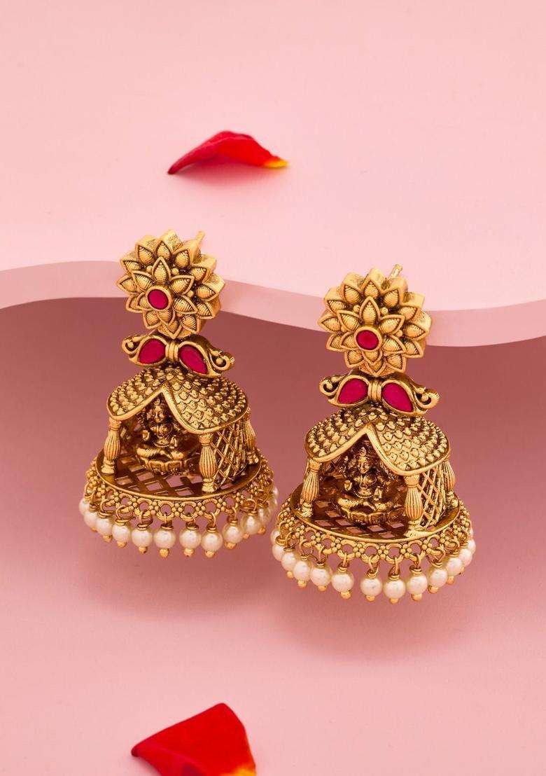 Floral Jhumkas Gold-Plated Ruby Ethnic Earrings for Women | Traditional Temple Jewellery for Wedding & Festive Wear | Gift for Her - Indya