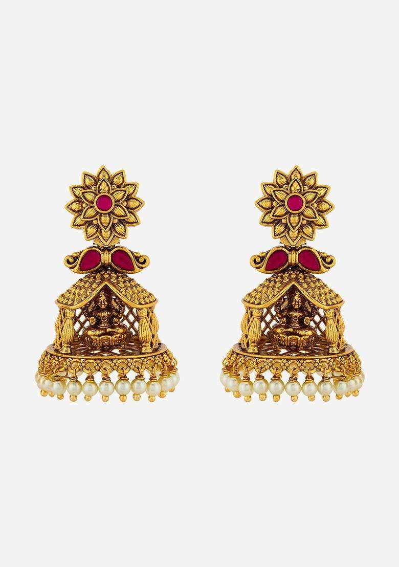Floral Jhumkas Gold-Plated Ruby Ethnic Earrings for Women | Traditional Temple Jewellery for Wedding & Festive Wear | Gift for Her - Indya