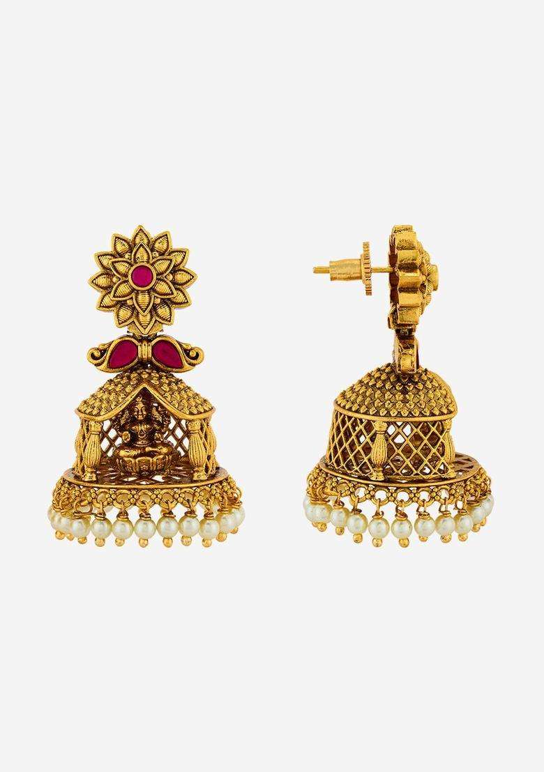 Floral Jhumkas Gold-Plated Ruby Ethnic Earrings for Women | Traditional Temple Jewellery for Wedding & Festive Wear | Gift for Her - Indya