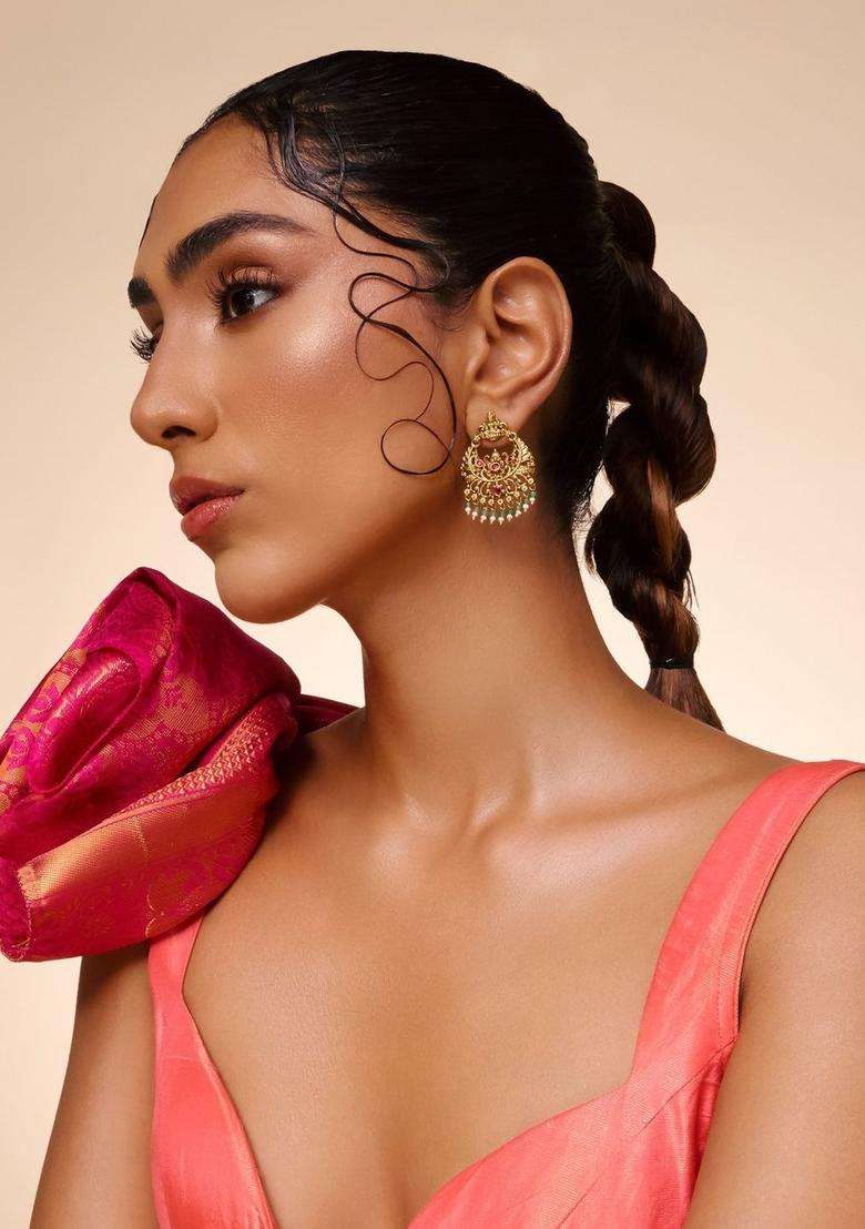 Green Circular Drop Gold-Plated Ruby Ethnic Earrings for Women | Traditional Temple Jewellery for Wedding & Festive Wear | Gift for Her - Indya