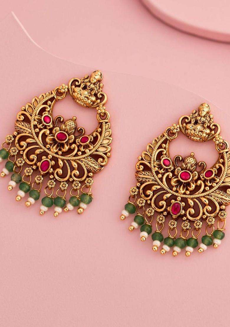 Green Circular Drop Gold-Plated Ruby Ethnic Earrings for Women | Traditional Temple Jewellery for Wedding & Festive Wear | Gift for Her - Indya