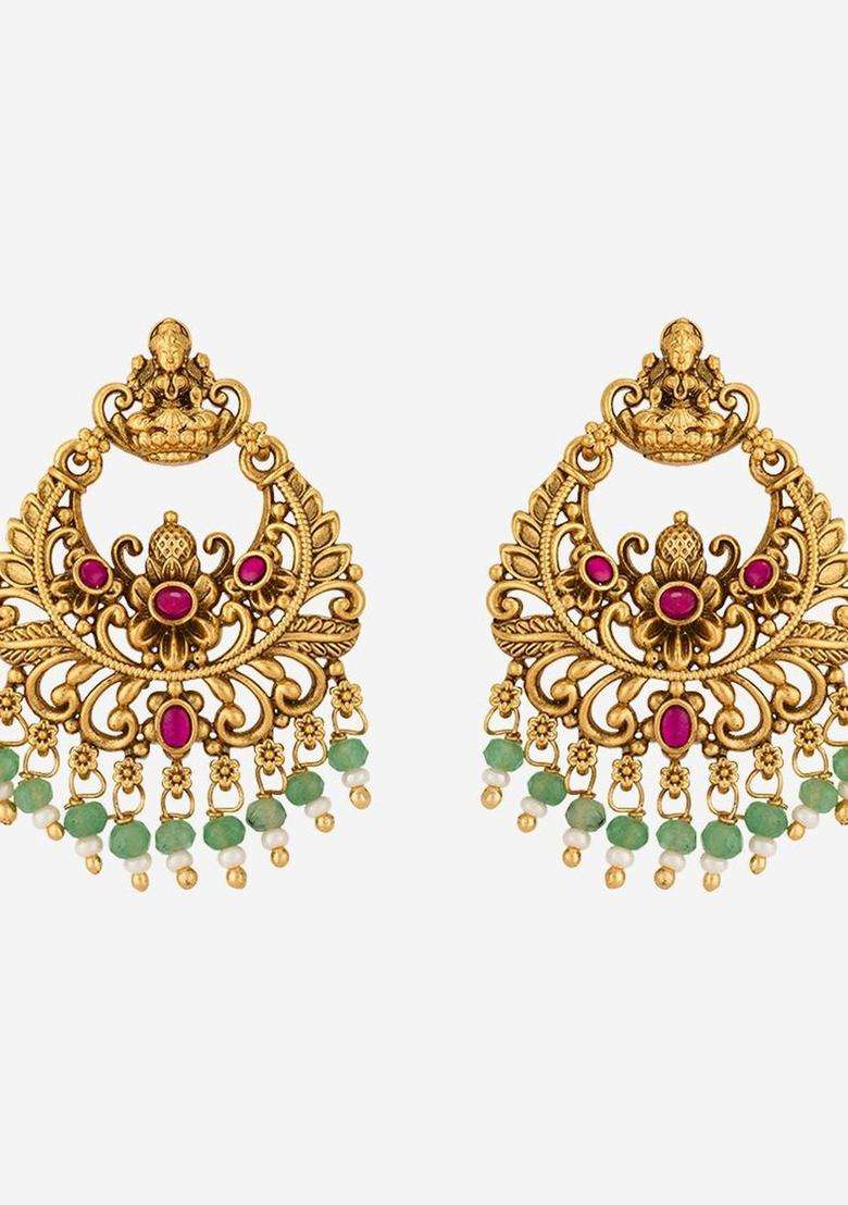 Green Circular Drop Gold-Plated Ruby Ethnic Earrings for Women | Traditional Temple Jewellery for Wedding & Festive Wear | Gift for Her - Indya
