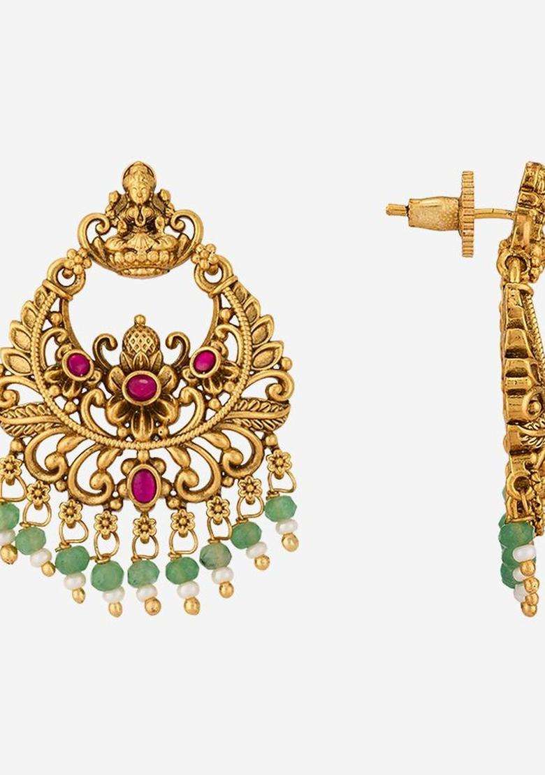 Green Circular Drop Gold-Plated Ruby Ethnic Earrings for Women | Traditional Temple Jewellery for Wedding & Festive Wear | Gift for Her - Indya