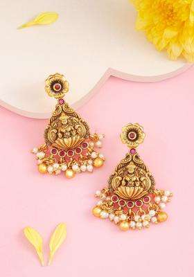 Gold-Plated Stones Studded & Beaded Geometric Drop Earrings for Women | Traditional Temple Jewellery for Wedding & Festive Wear | Gift for Her