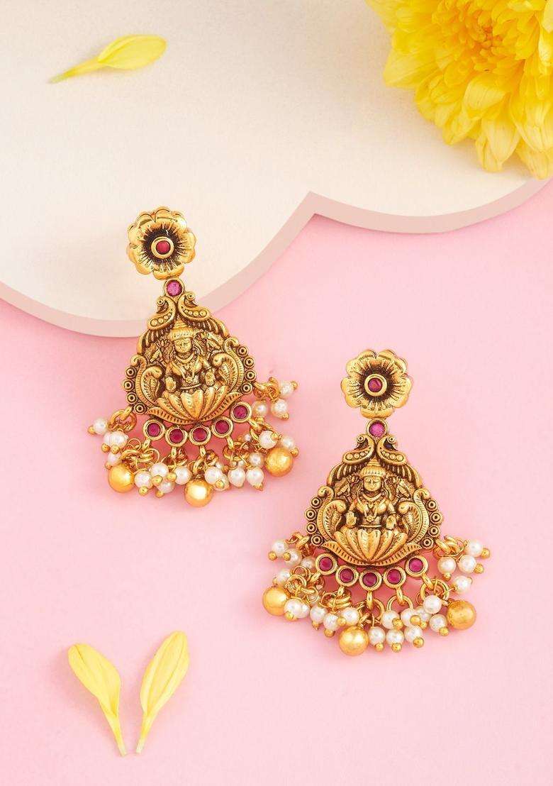 Gold-Plated Stones Studded & Beaded Geometric Drop Earrings for Women | Traditional Temple Jewellery for Wedding & Festive Wear | Gift for Her - Indya