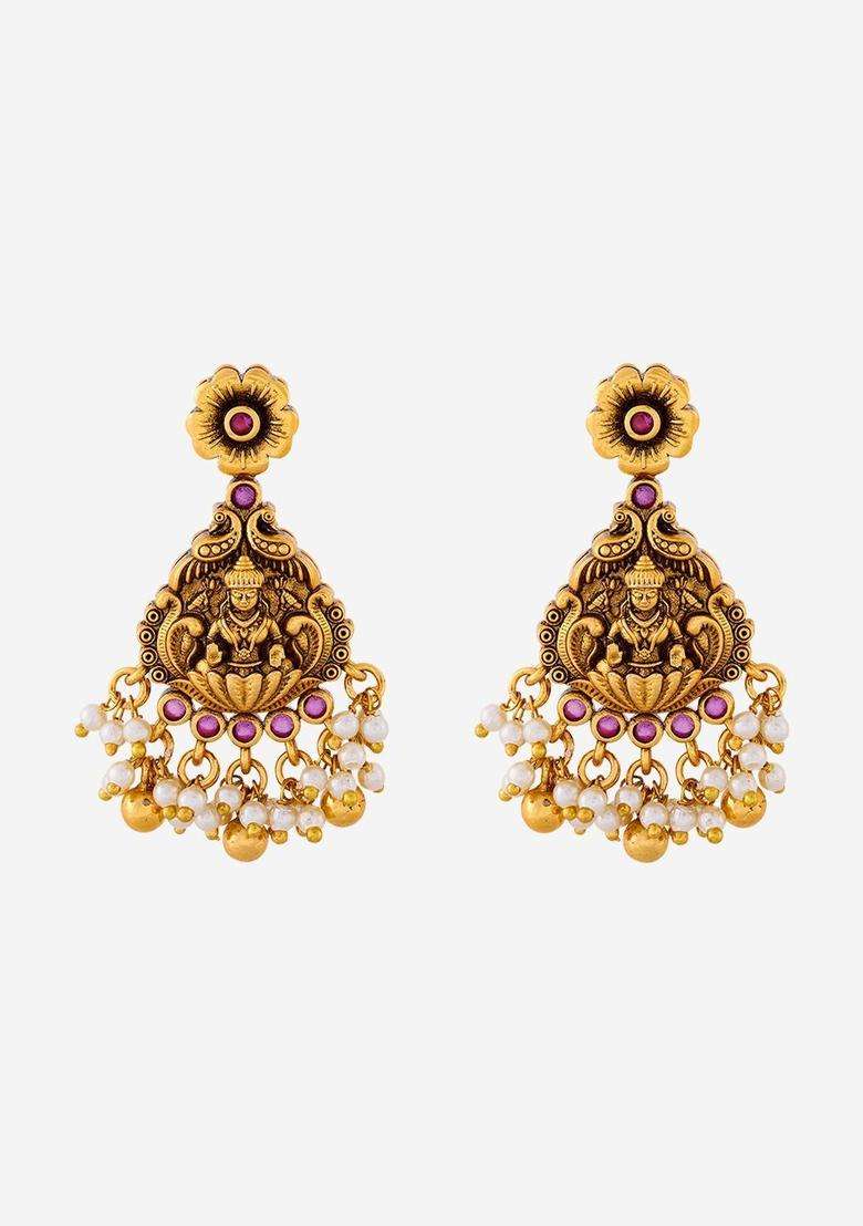 Gold-Plated Stones Studded & Beaded Geometric Drop Earrings for Women | Traditional Temple Jewellery for Wedding & Festive Wear | Gift for Her - Indya