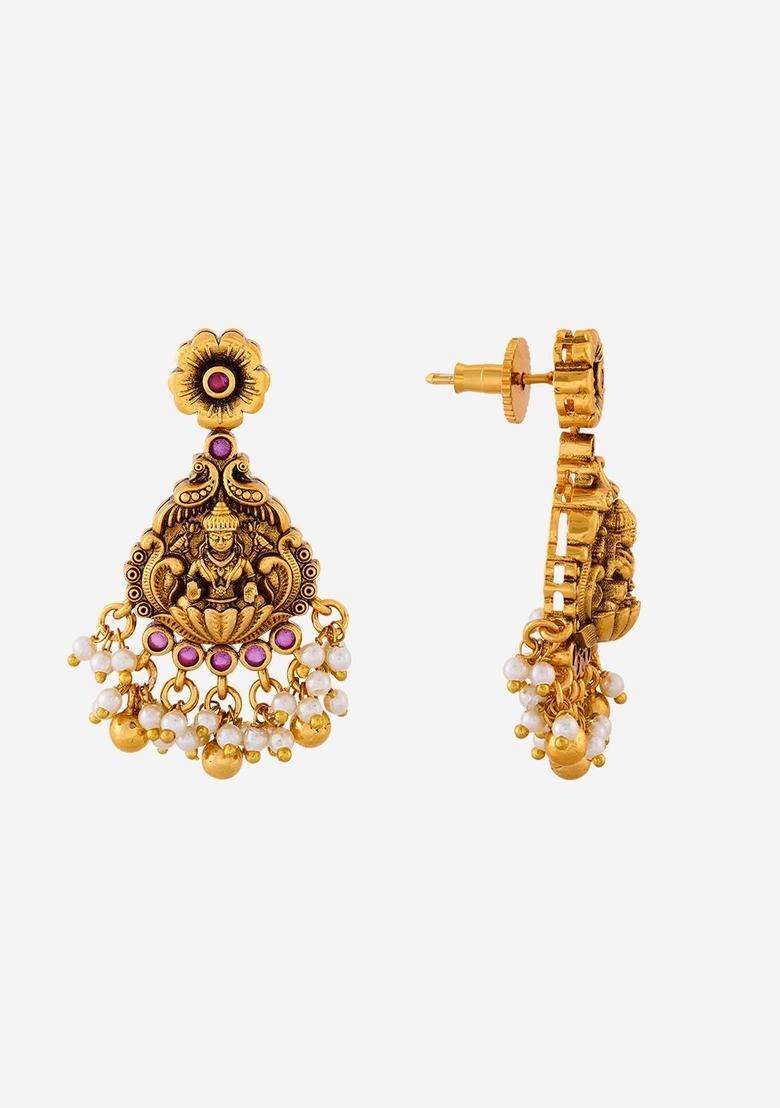 Gold-Plated Stones Studded & Beaded Geometric Drop Earrings for Women | Traditional Temple Jewellery for Wedding & Festive Wear | Gift for Her - Indya