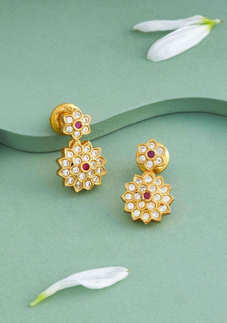 Floral Drop Gold-Plated Ruby Festive Earrings for Women | Traditional Temple Jewellery for Wedding & Festive Wear | Gift for Her - Indya