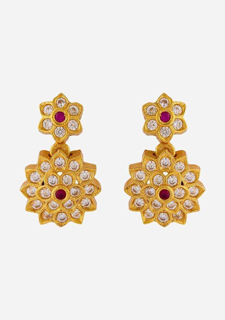 Floral Drop Gold-Plated Ruby Festive Earrings for Women | Traditional Temple Jewellery for Wedding & Festive Wear | Gift for Her - Indya
