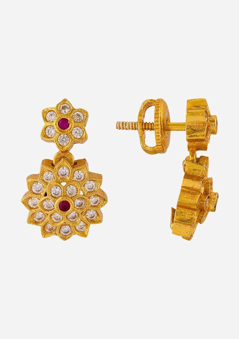 Floral Drop Gold-Plated Ruby Festive Earrings for Women | Traditional Temple Jewellery for Wedding & Festive Wear | Gift for Her - Indya