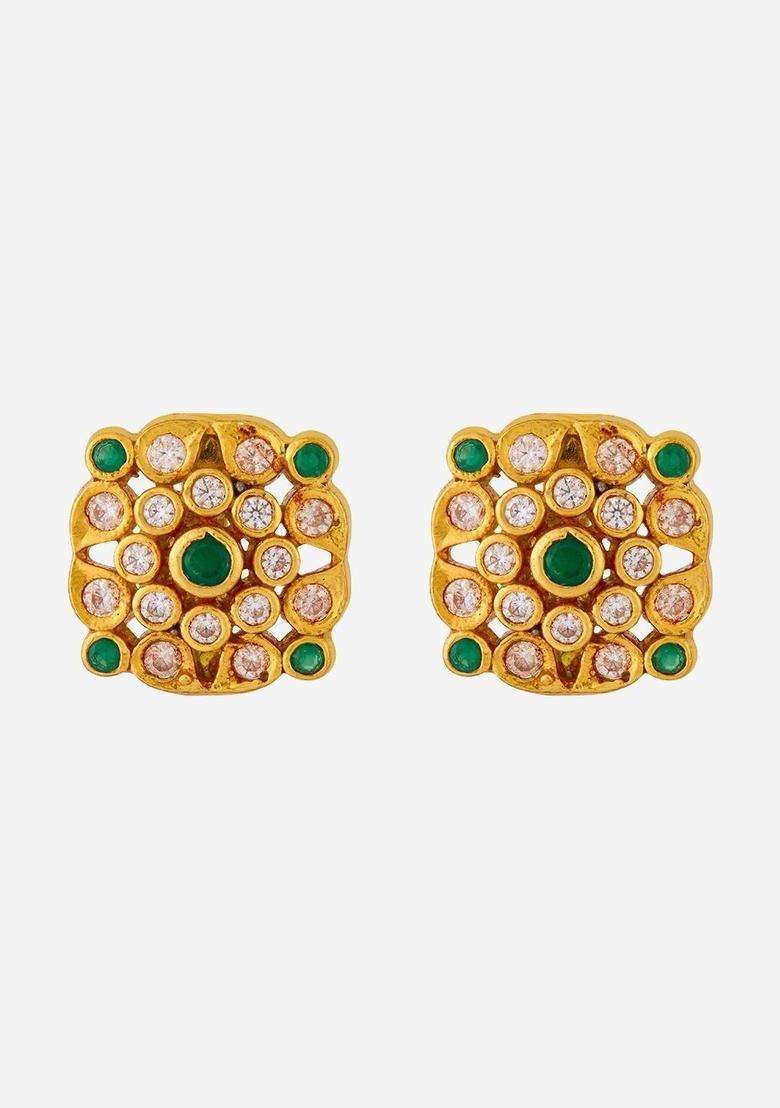 Green Geometric Studs Gold-Plated Festive Earrings for Women | Traditional Temple Jewellery for Wedding & Festive Wear | Gift for Her - Indya
