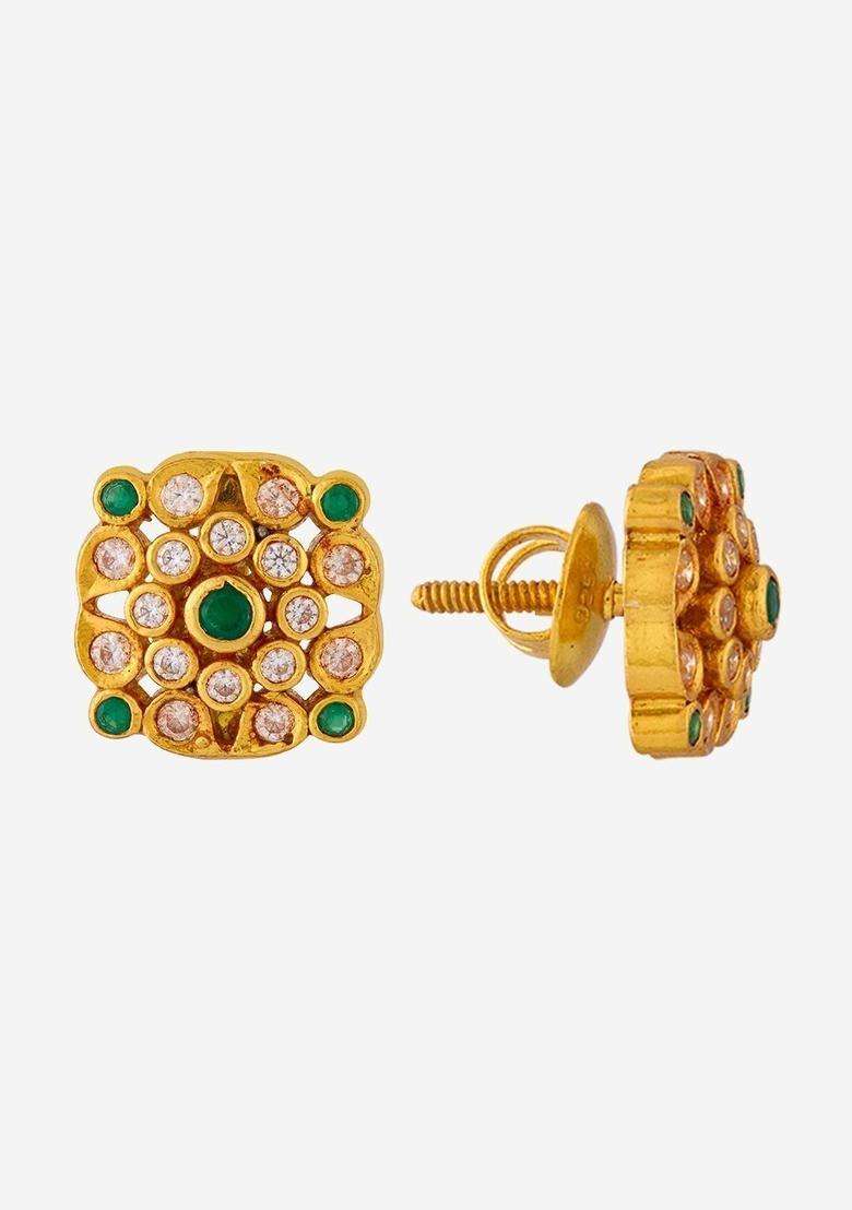 Green Geometric Studs Gold-Plated Festive Earrings for Women | Traditional Temple Jewellery for Wedding & Festive Wear | Gift for Her - Indya