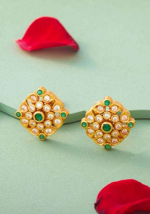 Green Geometric Studs Gold-Plated Festive Earrings for Women | Traditional Temple Jewellery for Wedding & Festive Wear | Gift for Her