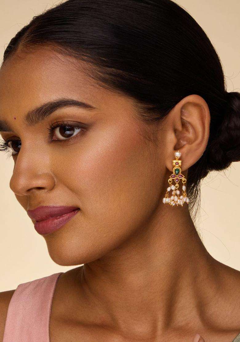 Temple Kushals Gold-Plated Drop Earrings for Women | Traditional Temple Jewellery for Wedding & Festive Wear | Gift for Her - Indya