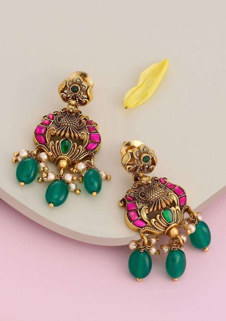Gold-Plated 92.5 Silver Temple Contemporary Drop Earrings for Women | Traditional Temple Jewellery for Wedding & Festive Wear | Gift for Her - Indya