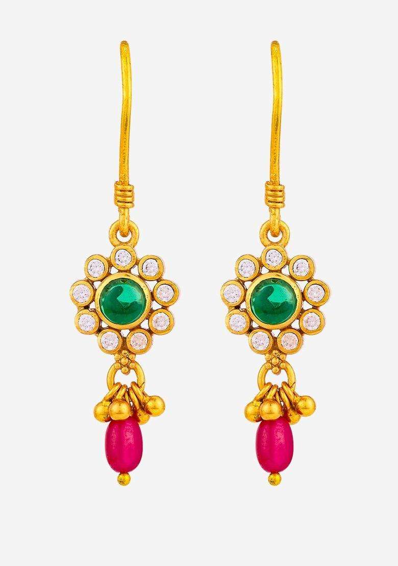 Gold-Plated 92.5 Temple Silver Contemporary Ruby Studded Drop Earrings for Women | Traditional Temple Jewellery for Wedding & Festive Wear | Gift for Her - Indya