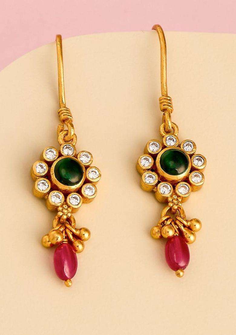 Gold-Plated 92.5 Temple Silver Contemporary Ruby Studded Drop Earrings for Women | Traditional Temple Jewellery for Wedding & Festive Wear | Gift for Her - Indya