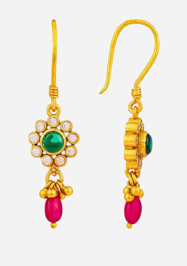 Gold-Plated 92.5 Temple Silver Contemporary Ruby Studded Drop Earrings for Women | Traditional Temple Jewellery for Wedding & Festive Wear | Gift for Her - Indya