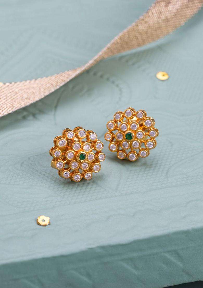 92.5 Pure Silver Gold-Plated Contemporary Stones Studs for Women | Traditional Temple Jewellery for Wedding & Festive Wear | Gift for Her - Indya