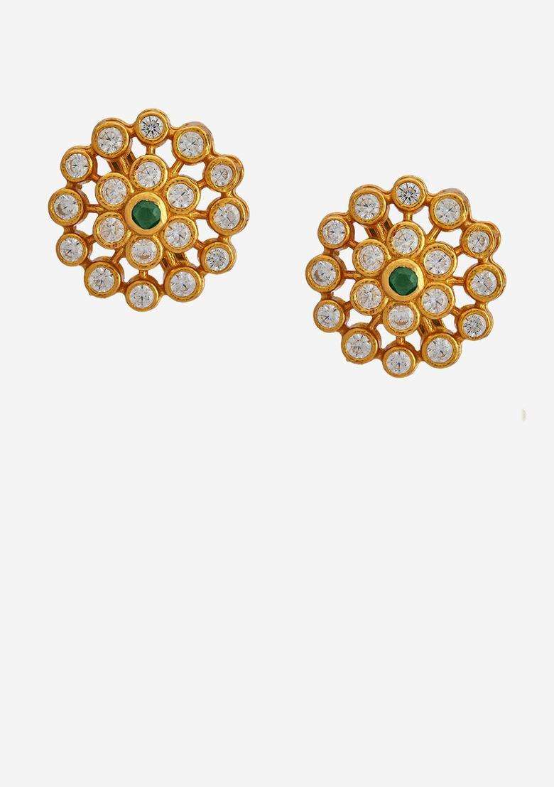 92.5 Pure Silver Gold-Plated Contemporary Stones Studs for Women | Traditional Temple Jewellery for Wedding & Festive Wear | Gift for Her - Indya