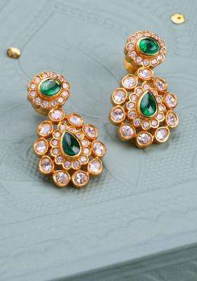 92.5 Pure Silver Gold-Plated Contemporary Artificial Stone Stud Earrings for Women | Traditional Temple Jewellery for Wedding & Festive Wear | Gift for Her