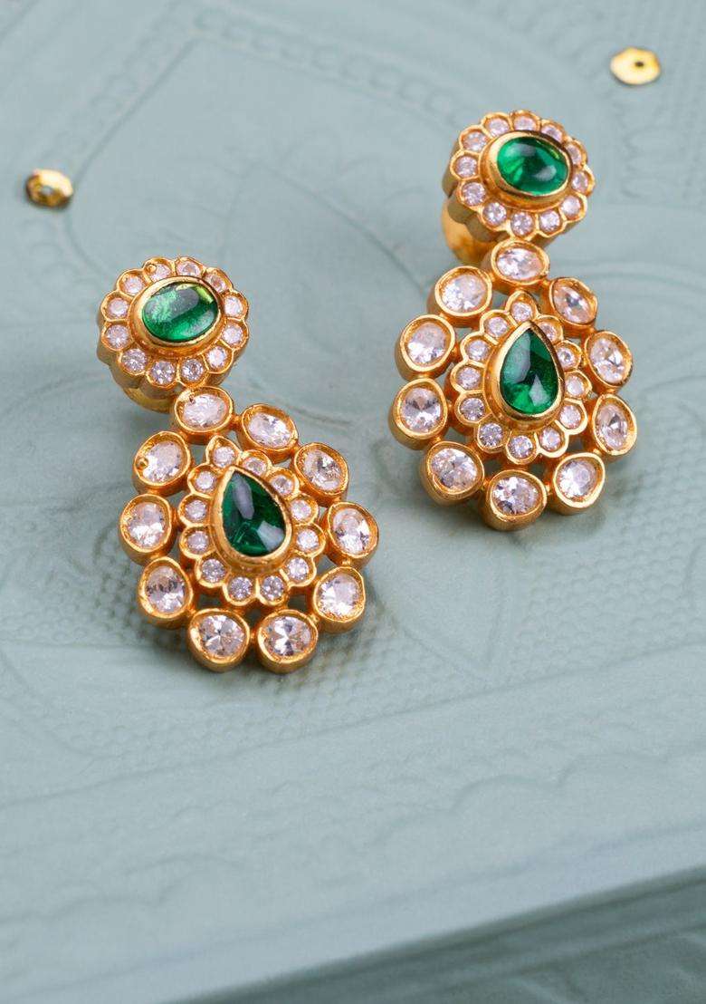 92.5 Pure Silver Gold-Plated Contemporary Artificial Stone Stud Earrings for Women | Traditional Temple Jewellery for Wedding & Festive Wear | Gift for Her - Indya