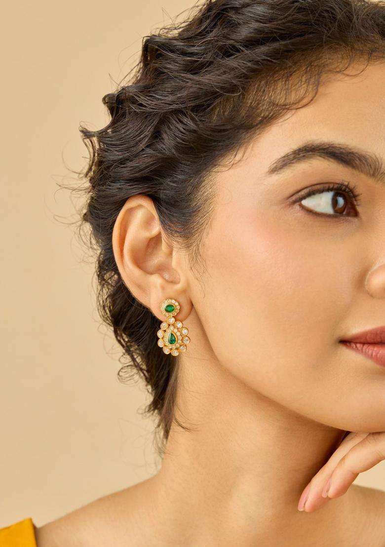 92.5 Pure Silver Gold-Plated Contemporary Artificial Stone Stud Earrings for Women | Traditional Temple Jewellery for Wedding & Festive Wear | Gift for Her - Indya