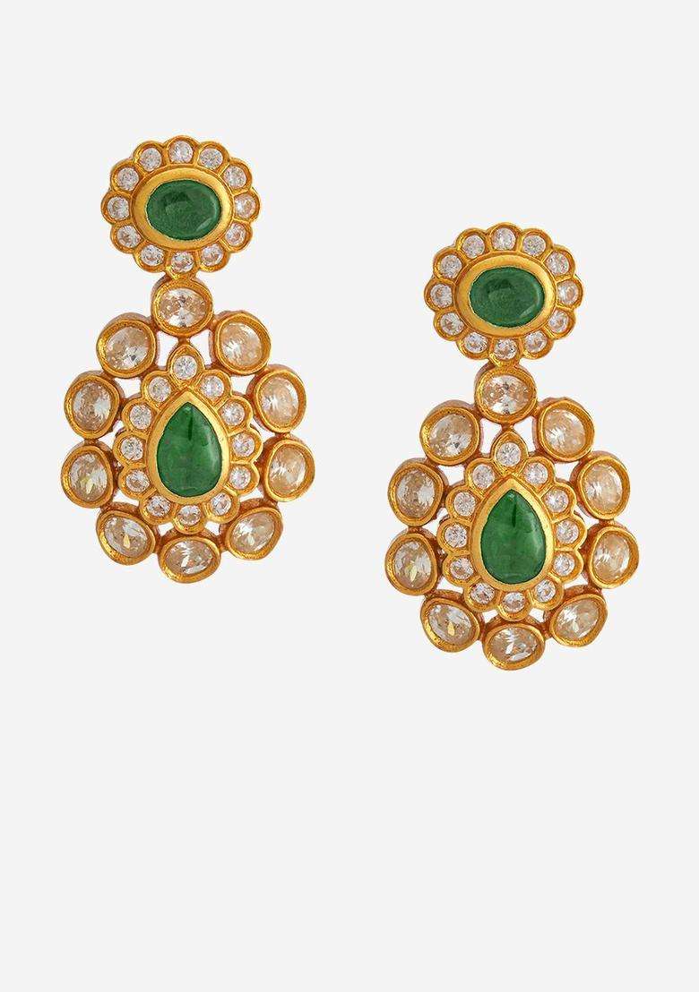 92.5 Pure Silver Gold-Plated Contemporary Artificial Stone Stud Earrings for Women | Traditional Temple Jewellery for Wedding & Festive Wear | Gift for Her - Indya