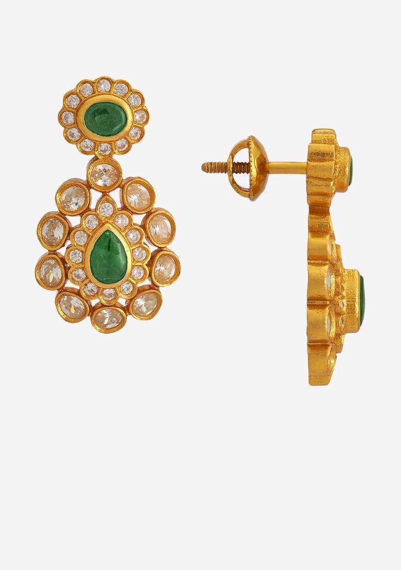 92.5 Pure Silver Gold-Plated Contemporary Artificial Stone Stud Earrings for Women | Traditional Temple Jewellery for Wedding & Festive Wear | Gift for Her - Indya