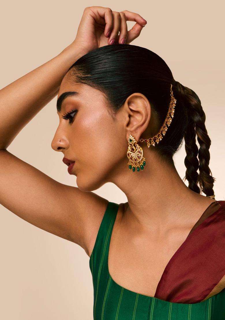 92.5 Silver Gold-Plated Studded & Beaded Temple Matil Chains for Women | Traditional Temple Jewellery for Wedding & Festive Wear | Gift for Her - Indya