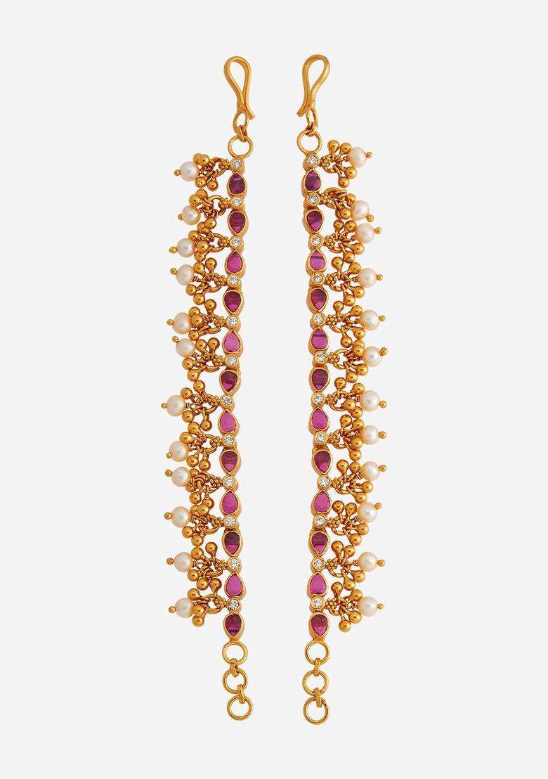 92.5 Silver Gold-Plated Studded & Beaded Temple Matil Chains for Women | Traditional Temple Jewellery for Wedding & Festive Wear | Gift for Her - Indya