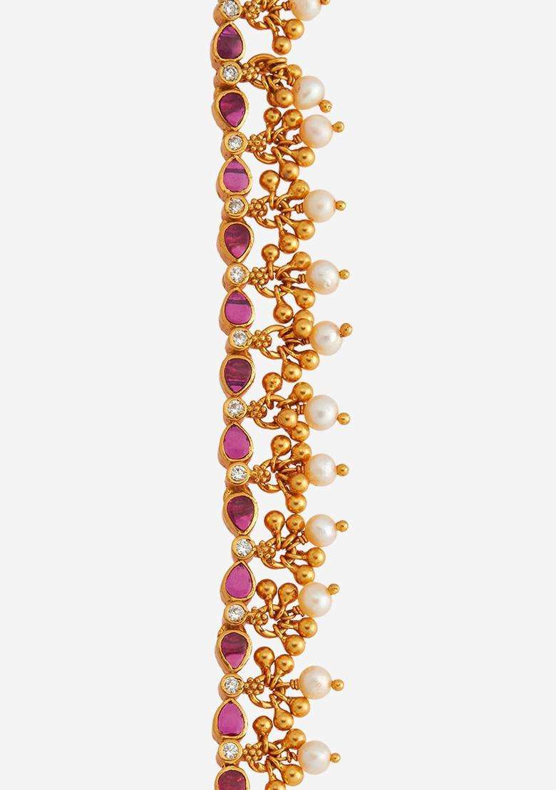 92.5 Silver Gold-Plated Studded & Beaded Temple Matil Chains for Women | Traditional Temple Jewellery for Wedding & Festive Wear | Gift for Her - Indya