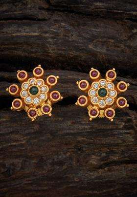 92.5 Pure Silver Gold-Plated Stone Studded Temple Studs for Women | Traditional Temple Jewellery for Wedding & Festive Wear | Gift for Her