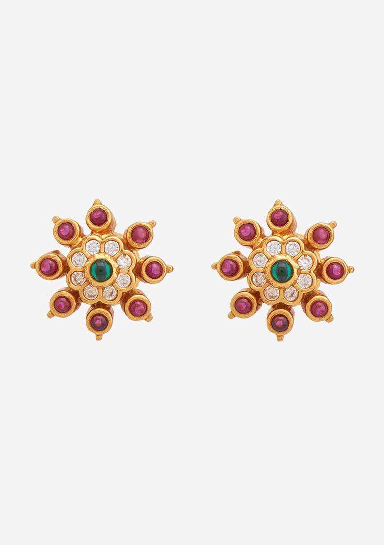 92.5 Pure Silver Gold-Plated Stone Studded Temple Studs for Women | Traditional Temple Jewellery for Wedding & Festive Wear | Gift for Her - Indya