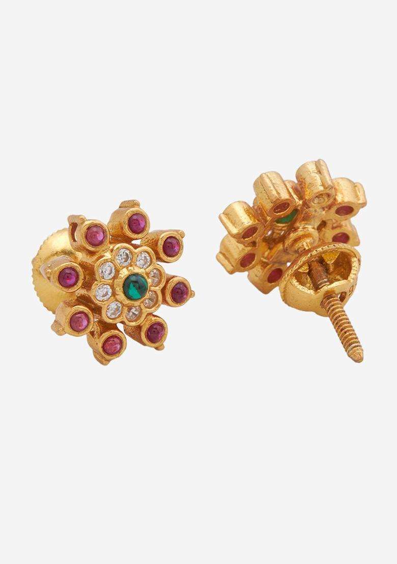 92.5 Pure Silver Gold-Plated Stone Studded Temple Studs for Women | Traditional Temple Jewellery for Wedding & Festive Wear | Gift for Her - Indya