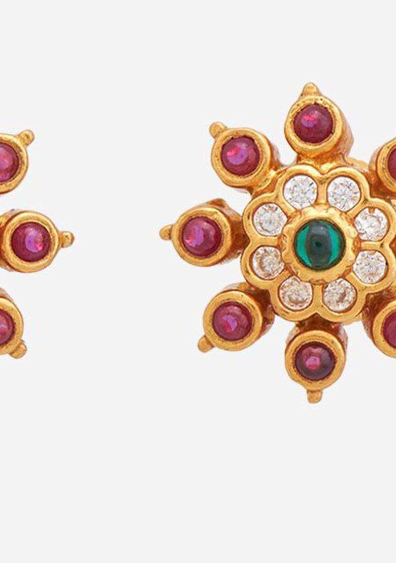 92.5 Pure Silver Gold-Plated Stone Studded Temple Studs for Women | Traditional Temple Jewellery for Wedding & Festive Wear | Gift for Her - Indya