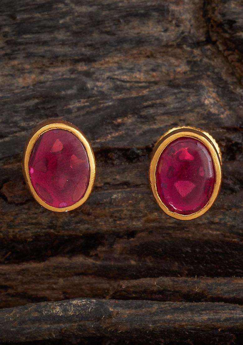 92.5 Pure Silver Gold-Plated Artificial Stones Studs Ruby Earrings for Women | Traditional Temple Jewellery for Wedding & Festive Wear | Gift for Her - Indya
