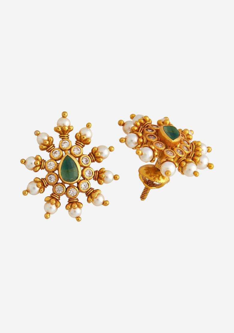 Zircon Kushals Gold-Plated Studs for Women | Traditional Temple Jewellery for Wedding & Festive Wear | Gift for Her - Indya