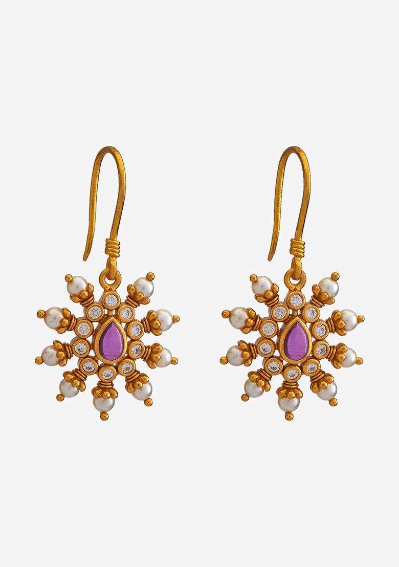 Gold-Plated Embellished Bridal Contemporary Drop Earrings with Zircon for Women | Traditional Temple Jewellery for Wedding & Festive Wear | Gift for Her - Indya