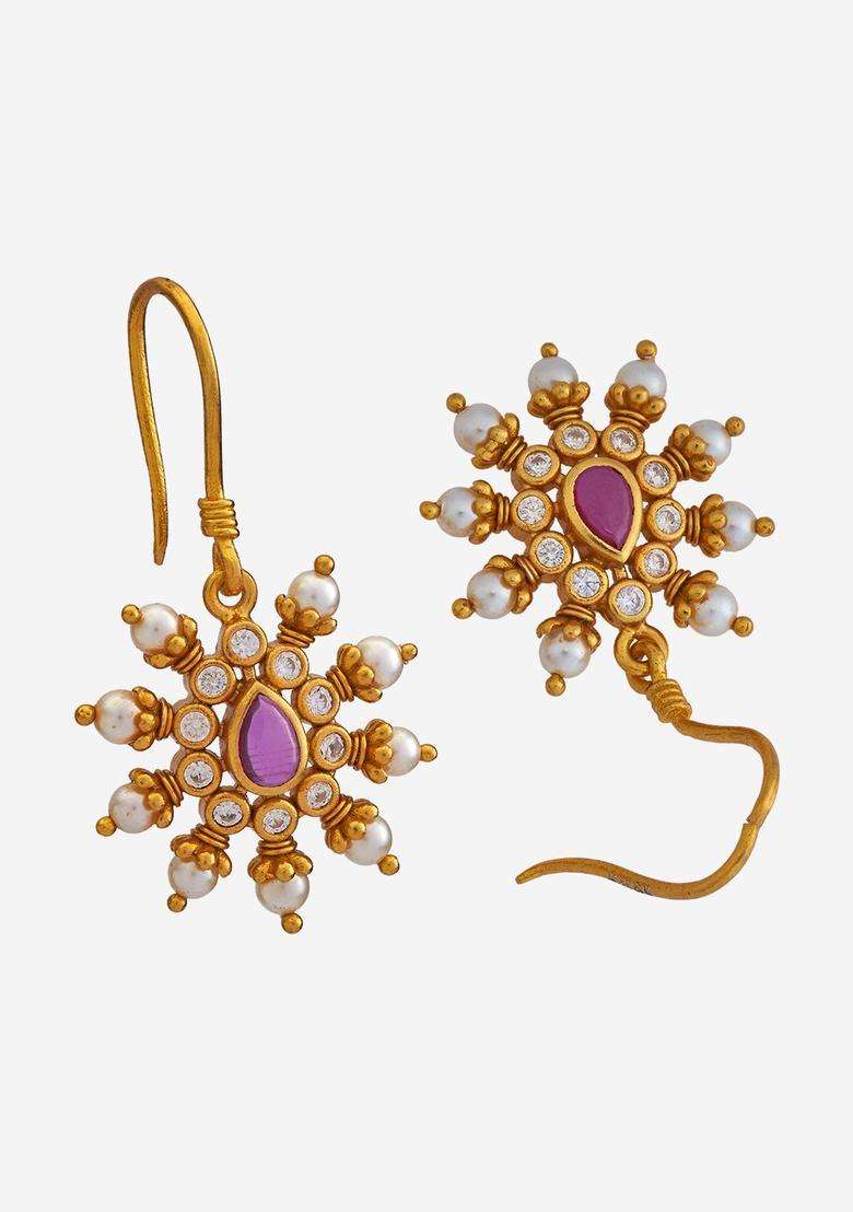 Gold-Plated Embellished Bridal Contemporary Drop Earrings with Zircon for Women | Traditional Temple Jewellery for Wedding & Festive Wear | Gift for Her - Indya