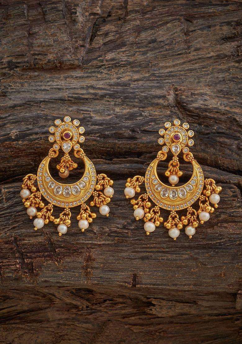 Gold-Plated Embellished Bridal Crescent Shaped Chandbalis Earrings with Zircon for Women | Traditional Temple Jewellery for Wedding & Festive Wear | Gift for Her - Indya
