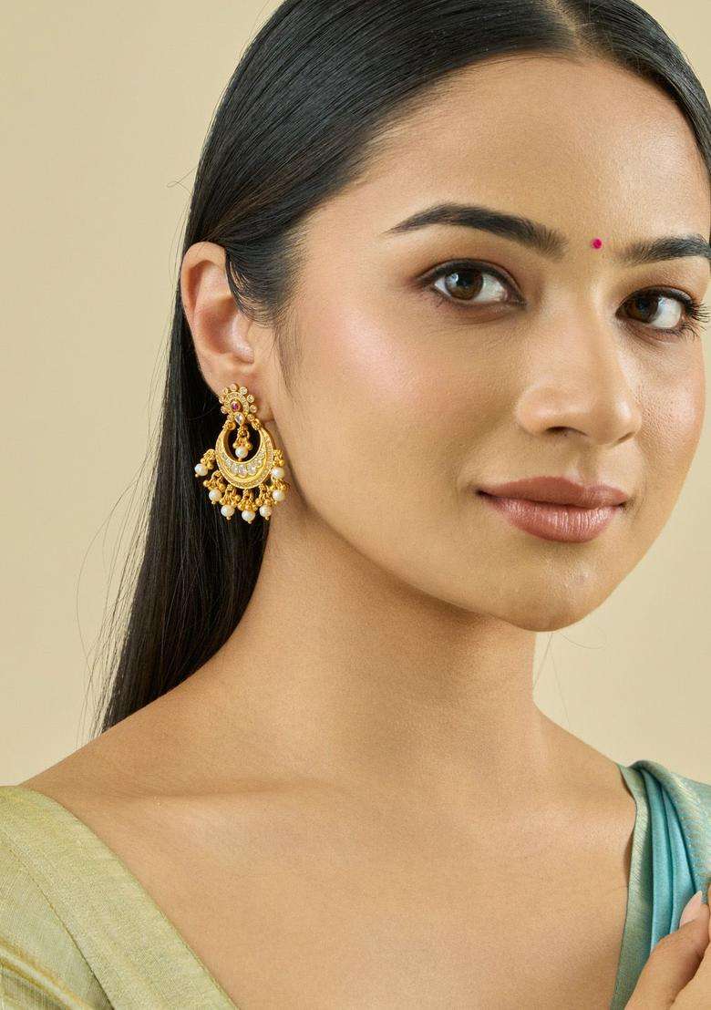 Gold-Plated Embellished Bridal Crescent Shaped Chandbalis Earrings with Zircon for Women | Traditional Temple Jewellery for Wedding & Festive Wear | Gift for Her - Indya