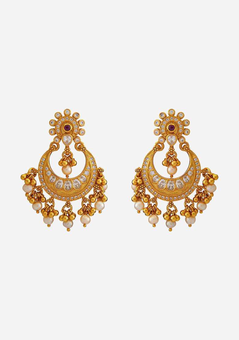 Gold-Plated Embellished Bridal Crescent Shaped Chandbalis Earrings with Zircon for Women | Traditional Temple Jewellery for Wedding & Festive Wear | Gift for Her - Indya