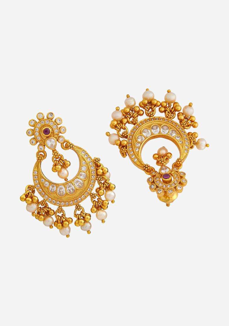 Gold-Plated Embellished Bridal Crescent Shaped Chandbalis Earrings with Zircon for Women | Traditional Temple Jewellery for Wedding & Festive Wear | Gift for Her - Indya