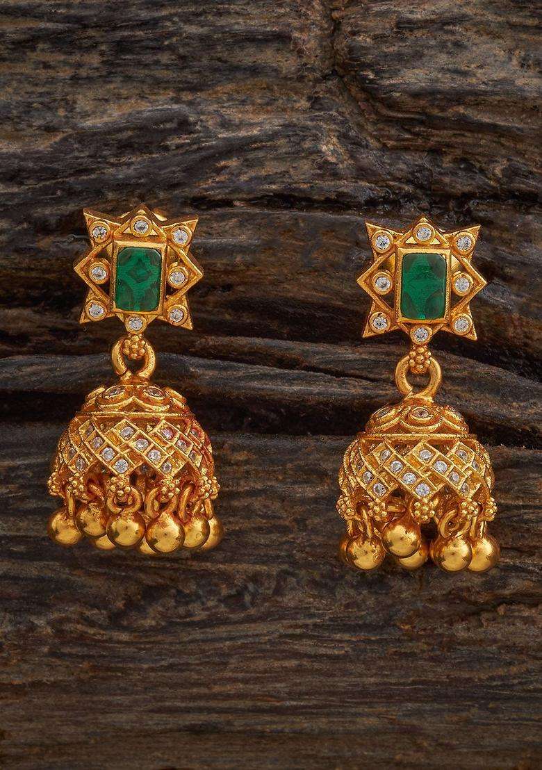 Gold-Plated Embellished Bridal 92.5 Pure Dome Shaped Zircon Temple Jhumkas for Women | Traditional Temple Jewellery for Wedding & Festive Wear | Gift for Her - Indya
